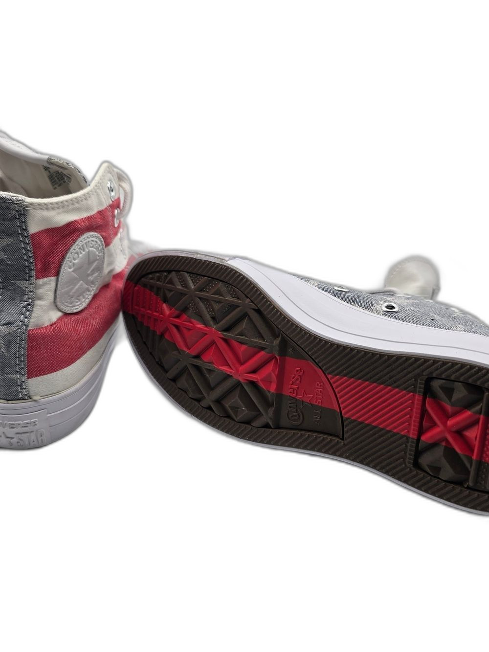 Converse Women 7 Men 5 High Top Sneakers in Red, White & Gray Stars And Stripes - Picture 6 of 8